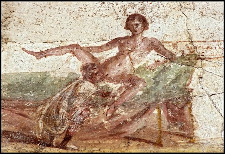 Cunnilingus realizado por un hombre. Pintura de Pompeya.