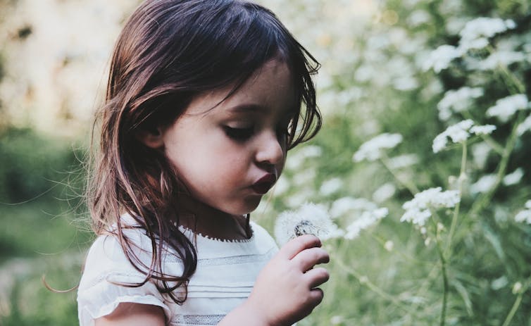 Une petite fille souffle sur une fleur de pissenlit