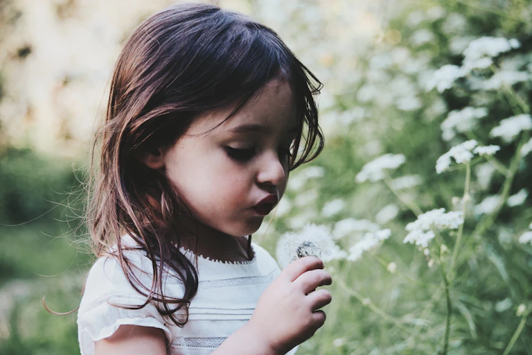 Une petite fille souffle sur une fleur de pissenlit