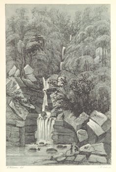pen and ink drawing of waterfall over rocky tropical landscape