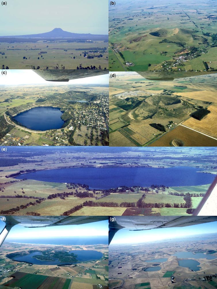 Volcanoes of the Newer Volcanics Province (a) Mt Napier, SE of Hamilton (b) The Noorat complex (c) The Mt Gambier Volcanic Complex, near Mt Gambier (d) The Mt Schank Volcanic Complex, near Mt Gambier (e) Purrumbete volcano, near Camperdown (f ) Tower Hill volcano, near Warrnambool (g) The Red Rock Volcanic Complex, near Colac. (Ray Cas and co authors)