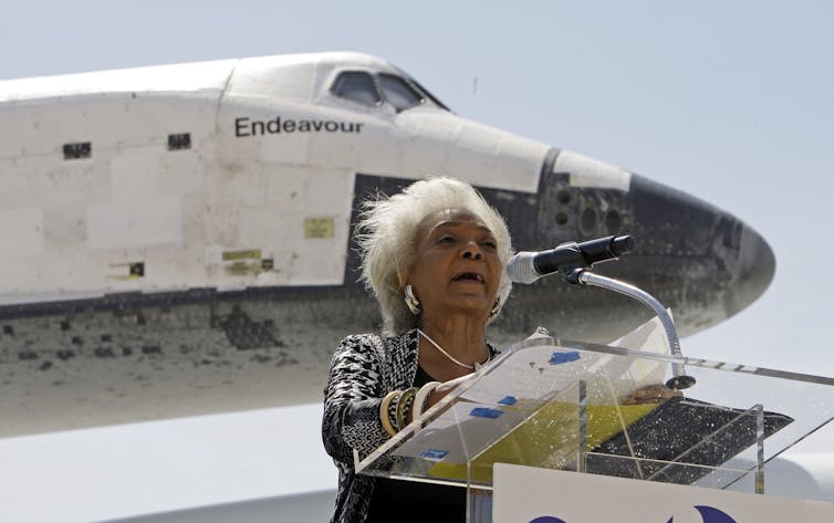 Nichelle Nichols speaks after the Space Shuttle Endeavour landed at Los Angeles International Airport Friday in September 2012