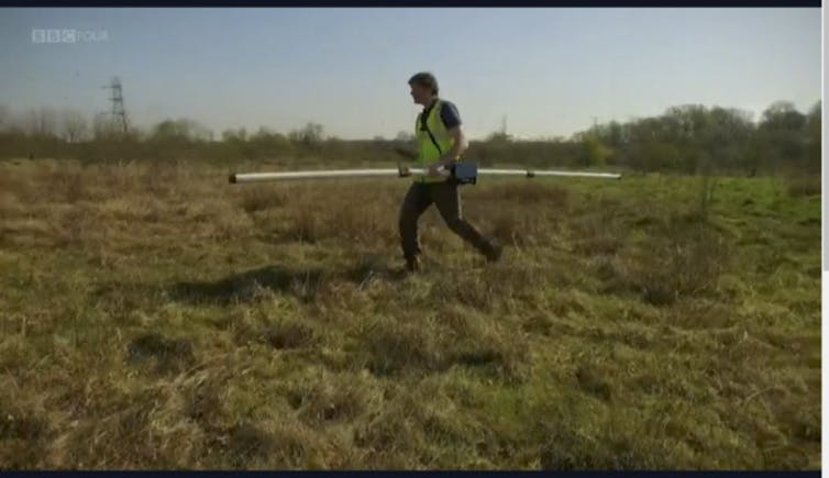 Kris Wisniewski from Keele University collecting conductivity geophysical data over the 1980s landfill site