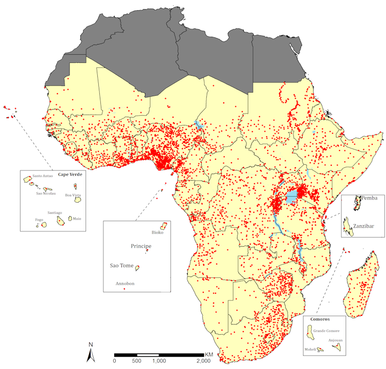 Mapa de hospitales públicos en África. Imagen: Cedida por el autor