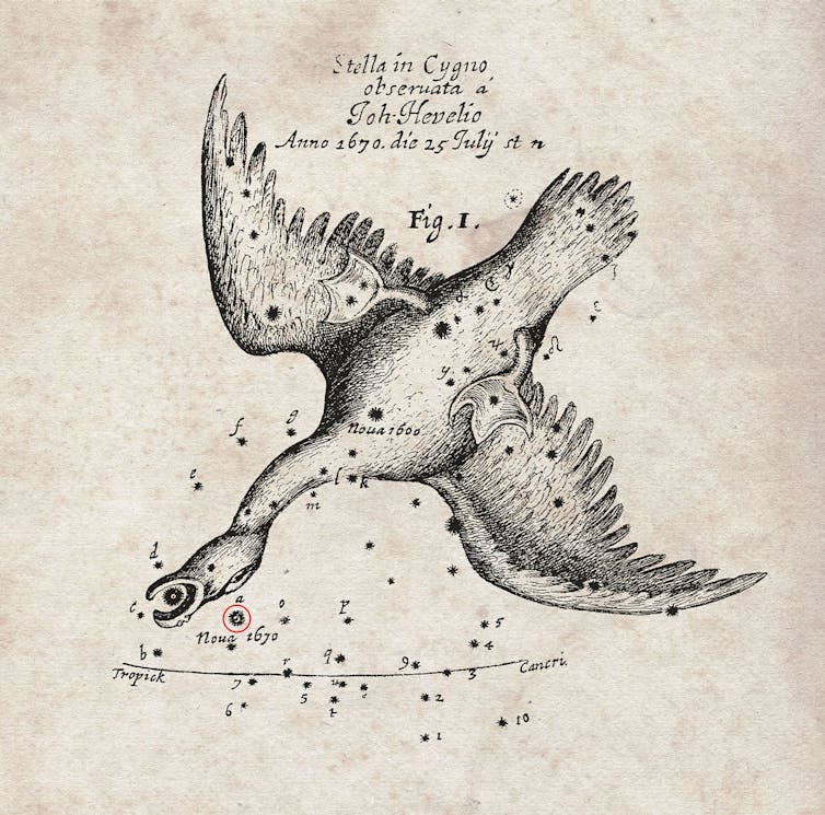 CHART. This chart of the position of the ‘nova’ (marked in red) was recorded by the famous astronomer Hevelius and was published by the Royal Society in England. CC BY-SA