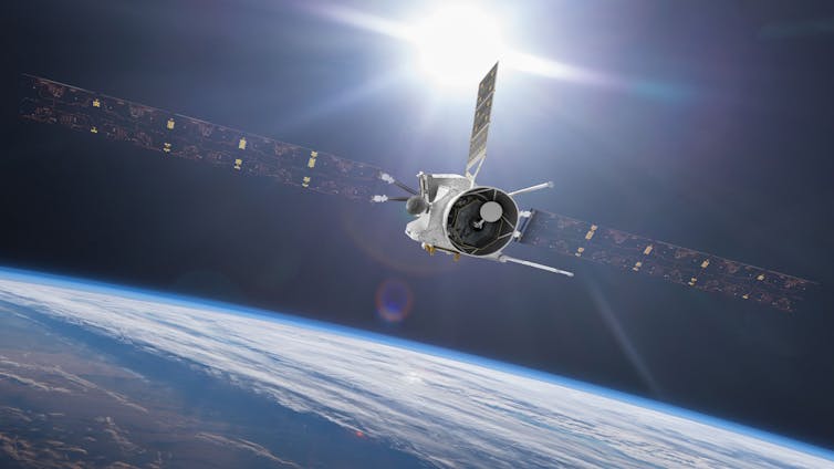 Artist’s impression of BepiColombo during its April 2020 Earth flyby. Mio can be seen nestled inside its sunshield