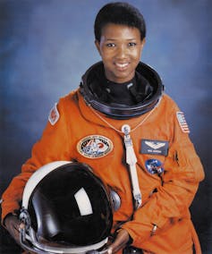 Photograph portrait of Mae C. Jemison wearing her spacesuit