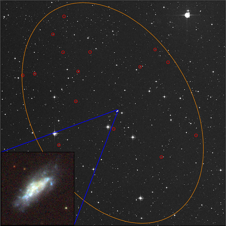 Optical image of the search area from the Digitized Sky Survey (DSS). The circles mark possible host galaxies for FRB 171020, but these are all much further away than the most likely galaxy ESO 601-G036, shown in the lower left as a three-colour image from the VLT Survey Telescope (VST) ATLAS survey. ESO, Digitized Sky Survey and VST-ATLAS, Author provided