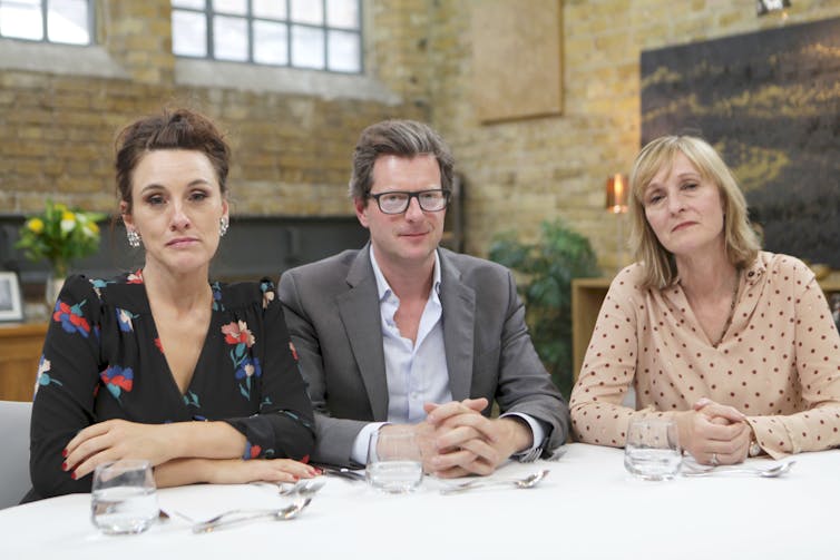William Sitwell (c) and his fellow judges Grace Dent (l) and Tracey Macleod (r) on Masterchef the Professionals