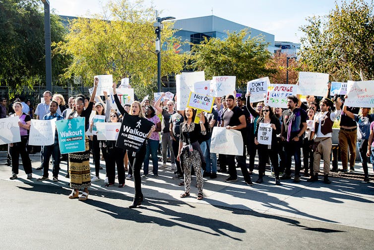 Google employees protest outside the company’s Mountain View, California, headquarters.