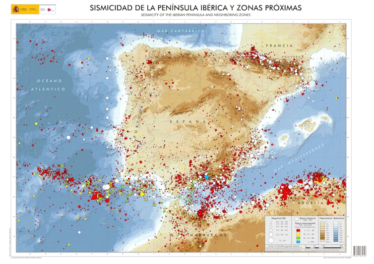 Mapa general de sismicidad de la Peninsula Iberica. La información sísmica proviene de la base de datos del Instituto Geográfico Nacional actualizada al año 2015. Instituto Geografico Nacional