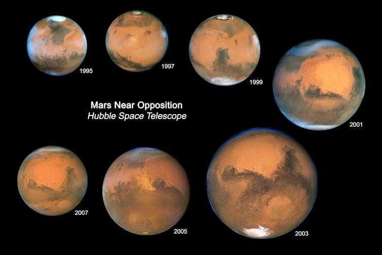 The light travel time from Mars to Earth changes as the distance to Mars changes. NASA, ESA, and Z. Levay (STScI), CC BY
