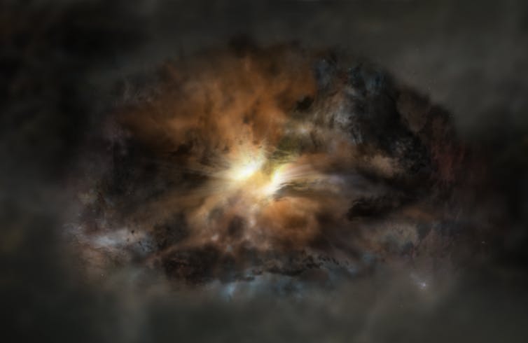 Artist’s impression of quasar W2246-0526. NRAO/AUI/NSF; Dana Berry / SkyWorks; ALMA (ESO/NAOJ/NRAO), CC BY-SA 