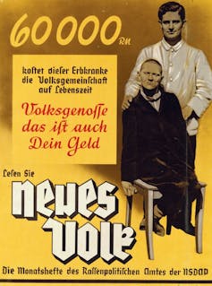 Human gene editing: This is a magazine published by the Office of Racial Policy of the Nazi Party while they were in power. The poster says: 60,000 Reichsmark is what this person suffering from hereditary illness costs the community in his lifetime. Fellow citizen, that is your money too.