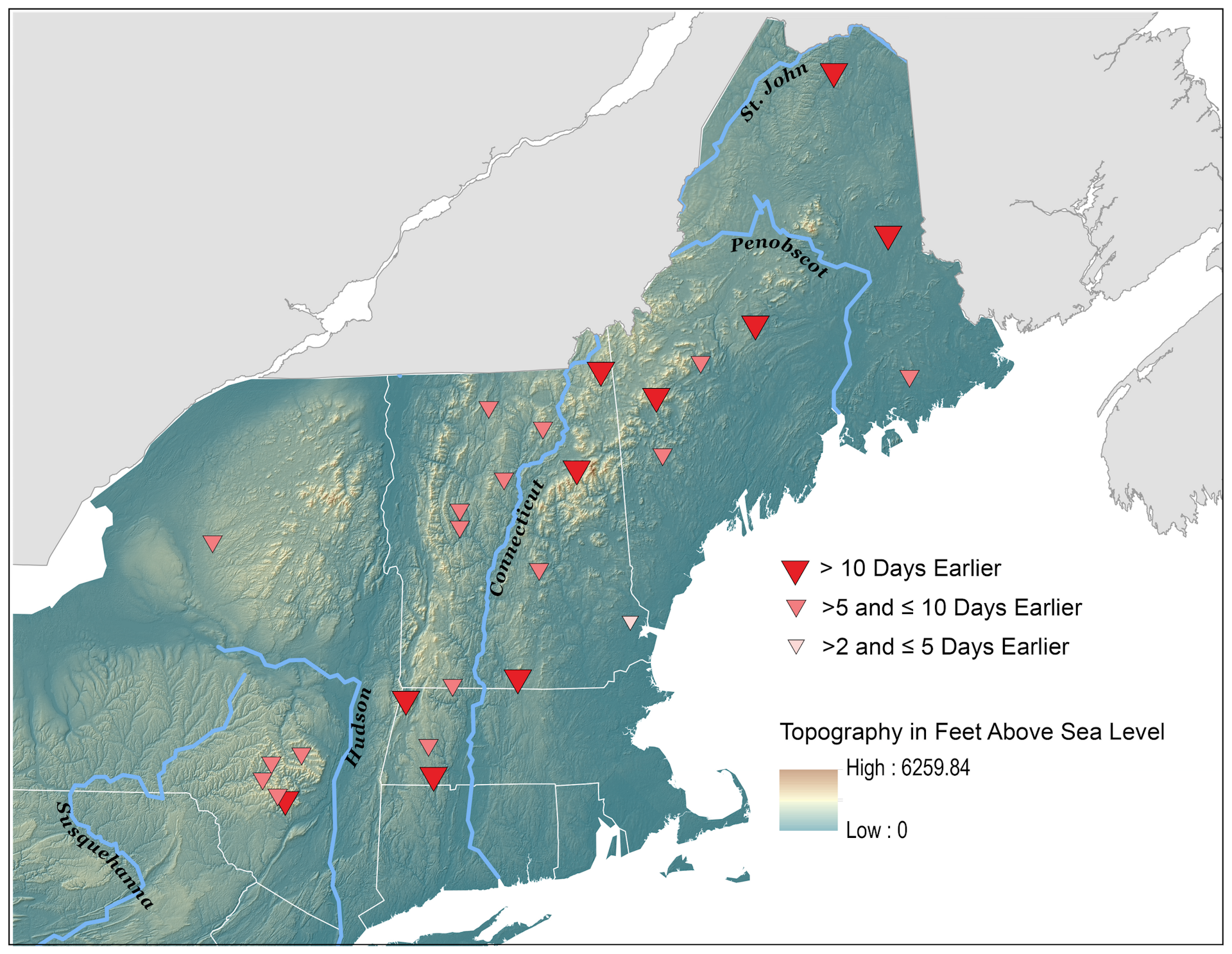 Map showing snow melt timing in the Northeast from 1960-2014.