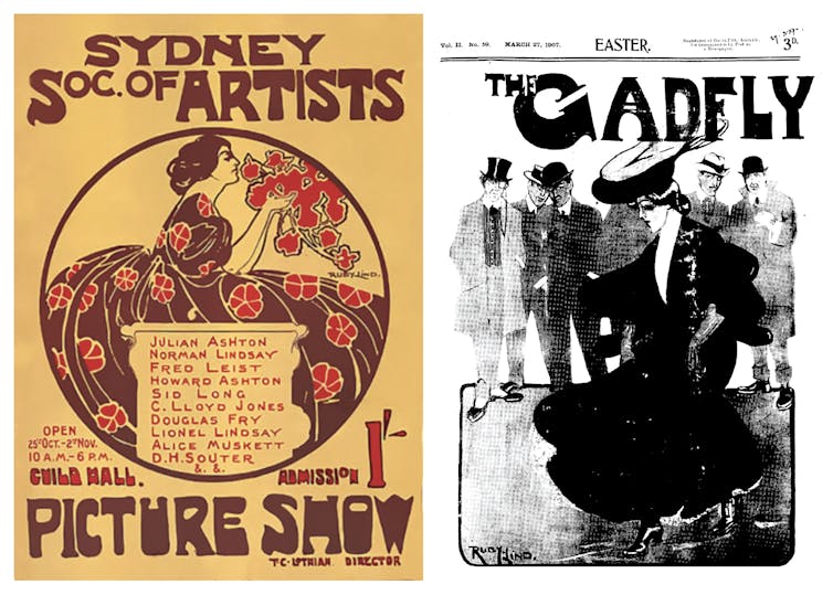 Poster for the Sydney Society of Artists’ Picture Show, 1907 (left) and cover illustration for The Gadfly, both by Ruby Lindsay, 1907 (right). 