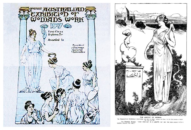  First Class Diploma design for Women’s Work Exhibition, by Ruby Lindsay, 1907 (left) and illustration for Punch, title ‘The Ascent of Woman’, by Ruby Lindsay, 31 October, pp. 639,1907 (right). 
