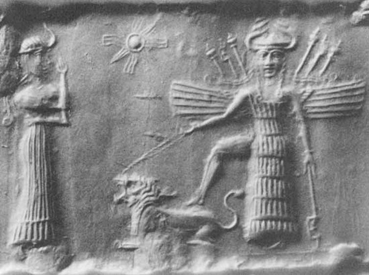 Ancient Akkadian cylindrical seal depicting Mesopotamian love goddess Inanna.