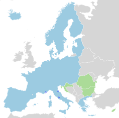 Espacio Schengen. En azul los países miembros del espacio. En verde, los países obligados a adherirse. Wikimedia Commons, CC BY-SA