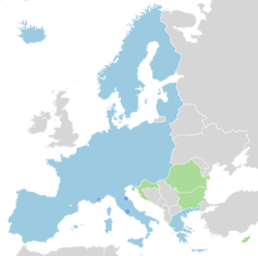 Espacio Schengen. En azul los países miembros del espacio. En verde, los países obligados a adherirse. Wikimedia Commons, CC BY-SA