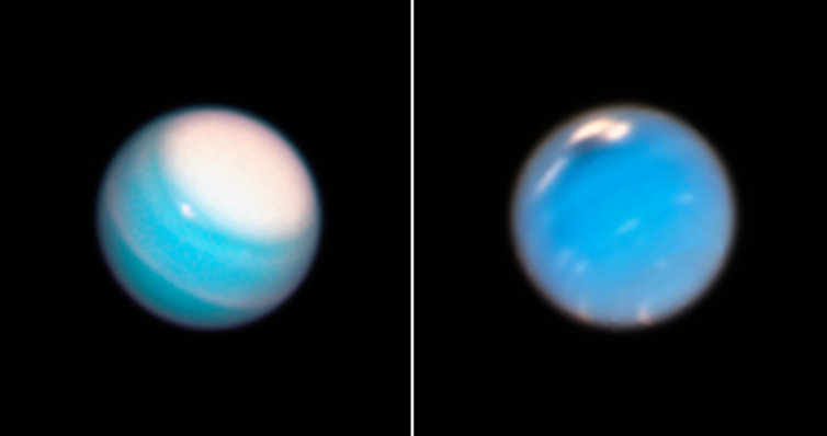PLANETS. Uranus (left) and Neptune (right) seen by Hubble. NASA, ESA, A. Simon (NASA Goddard Space Flight Center), and M.H. Wong and A. Hsu (University of California, Berkeley) 
