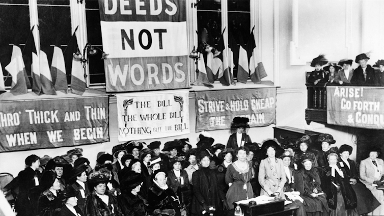 Emmeline Pethick-Lawrence and Emmeline Pankhurst at a suffragette meeting at Caxton Hall, Manchester, England in 1908