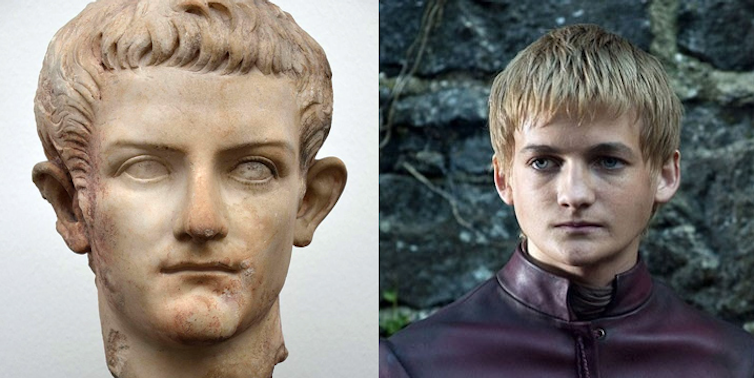 Caligula (en mármol, Ny Carlsberg Glyptotek, Copenhague) y Joffrey Baratheon interpretado por Jack Gleeson (Juego de Tronos, HBO). Author provided