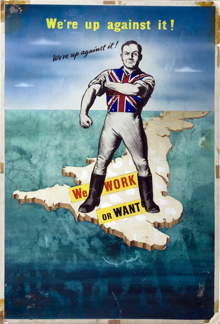World War Two cartoon depicting a determined British man saying 'We're up against it!'