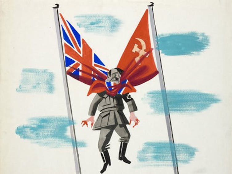 World War Two cartoon of Hitler being hung by UK and USSR flags
