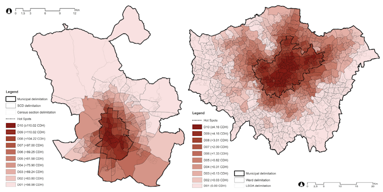 Áreas de rentas bajas más vulnerables frente a la pobreza energética en Londres (izquierda) y Madrid (derecha). Carmen Sanchez-Guevara