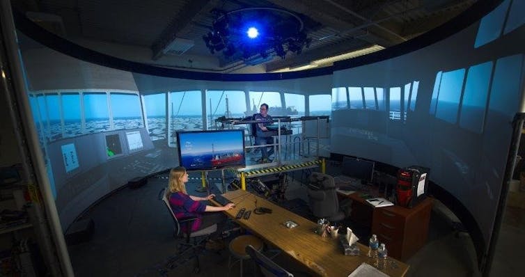 The Virtual Marine Simulation Laboratory at Memorial University allows marine sectors to use AI-rendered scenarios for research and training. (Greg Naterer), Author provided