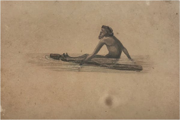 абориген с архипелага Дампир плывет на бревне, зарисовка Филиппа Паркера Кинга