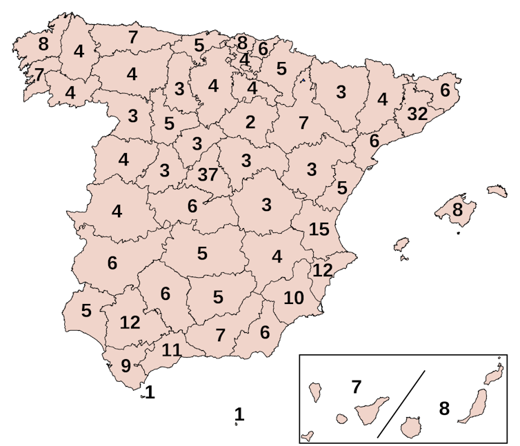 Diputados por circunscripción en las elecciones al Congreso de los Diputados de 2019. Wikimedia Commons / IngenieroLoco, CC BY-SA