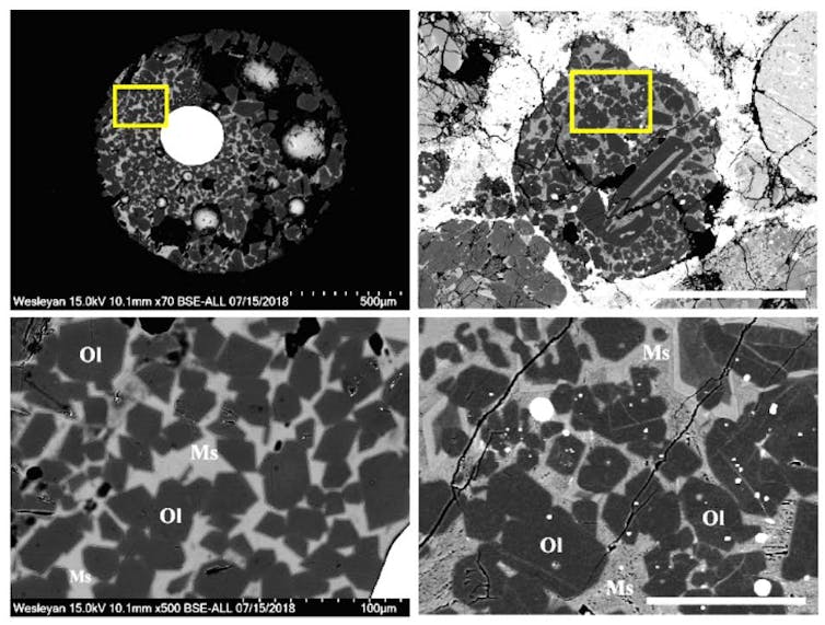 A comparison of a synthetic chondrule (left) made in the Wesleyan lab with a heating curve from the flyby model, with an actual chondrule (right) from the Semarkona meteorite. The crystal structure is quite similar, as shown in the enlargements (bottom row). J. Greenwood