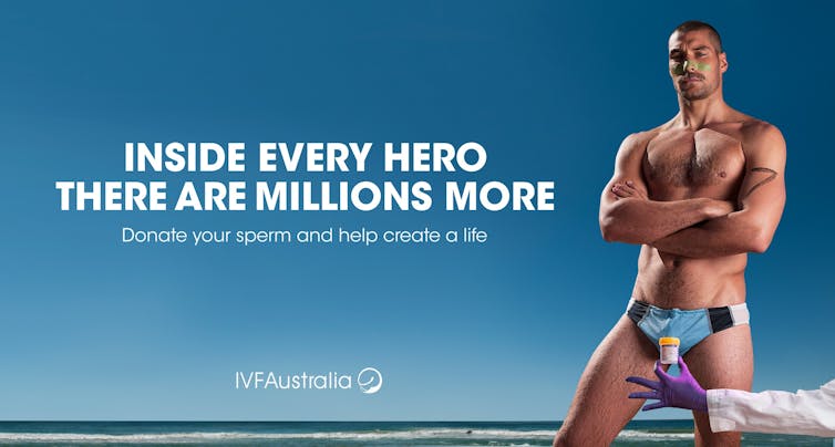 Poster with muscular male swimmer- 'inside every hero there are millions more. Donate your sperm and help create a life.