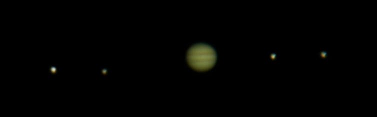 Jupiter and the 4 Galilean moons, a composite of several images as seen through a telescope. Flickr/Thomas Bresson, CC BY