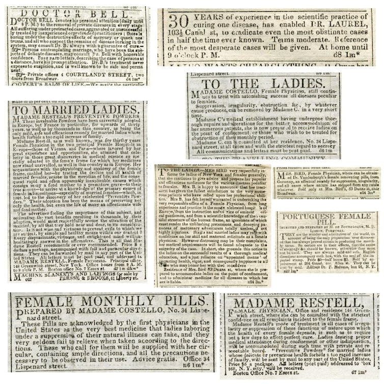 19th-century advertisements for abortion-inducing items and abortion services. The Library Company of Philadelphia, CC BY-NC