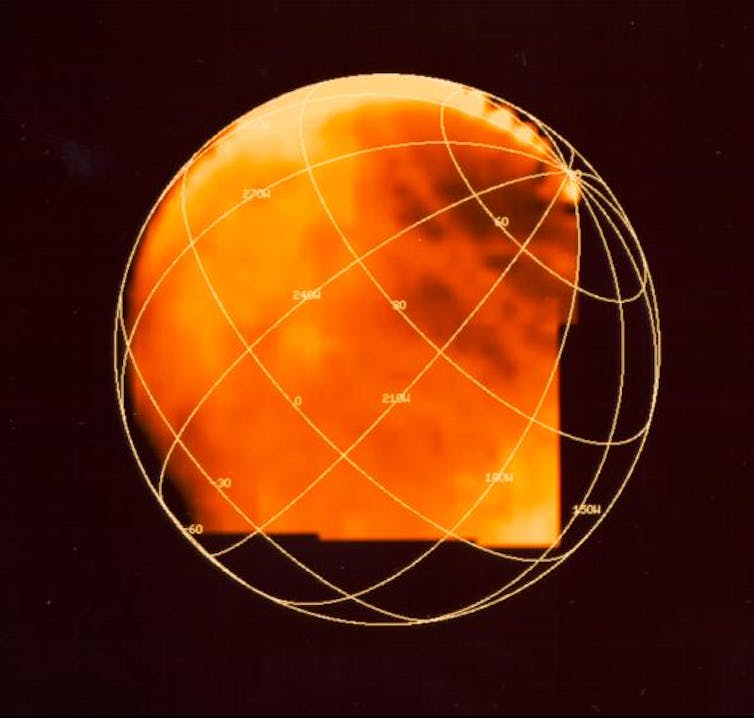 Concentrations of sulphuric acid on the surface. The trailing hemisphere is to the upper left where the concentrations are higher. NASA/JPL