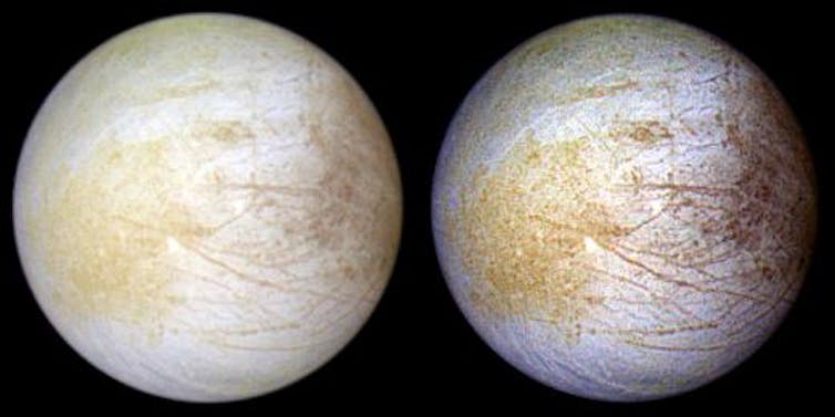 Europa in natural color on the left, and false color on the right. The brown/red regions on the right might correspond to the sulphuric acid regions, the yellow-ish terrain on the left is now thought to be produced by sodium chloride. NASA/JPL/University of Arizona