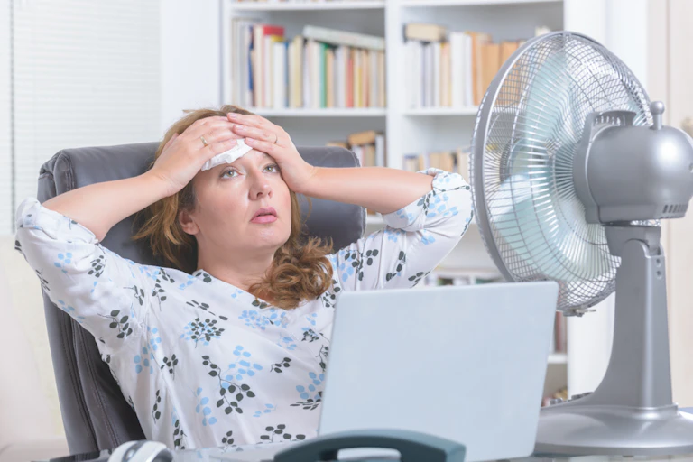 Une femme écrasée de chaleur, face à un ventilateur.