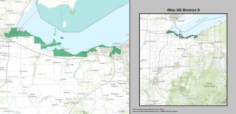The gerrymandered 9th Ohio U.S. Congressional District, known as ‘the snake on the lake.’ US Department of the Interior via Wikipedia