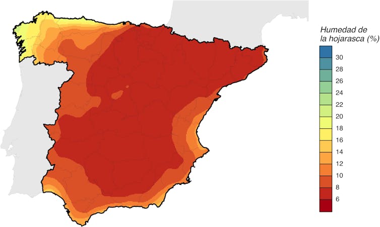 Fig. 2. Humedad de la hojarasca el 26 de junio de 2019, día en que empezó el gran incendio de Torre del Español en Tarragona. La humedad estaba en torno al 8 %, un valor muy por debajo del umbral a partir del cual acontecen los grandes incendios. À. Cunill Camprubí a partir de Nolan RH, Resco De Dios V, Boer MM, Caccamo G, Goulden ML, Bradstock RA (2016), 'Predicting dead fine fuel moisture at regional scales using vapour pressure deficit from MODIS and gridded weather data'. 'Remote', Author provided