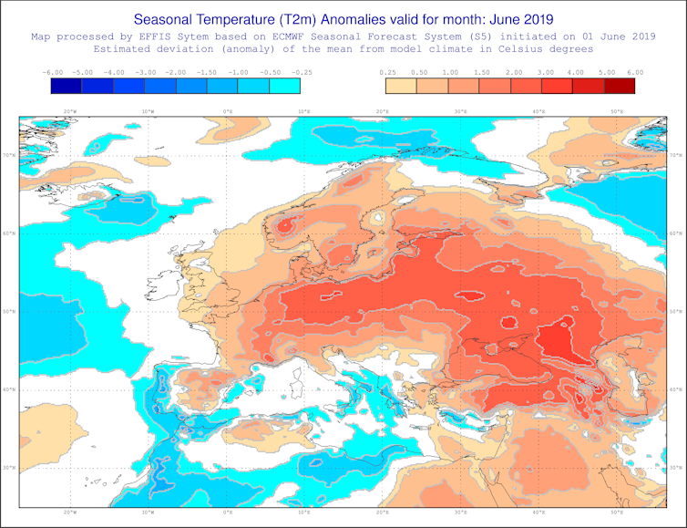 Anomalías estacionales de la temperatura para julio. EFFIS