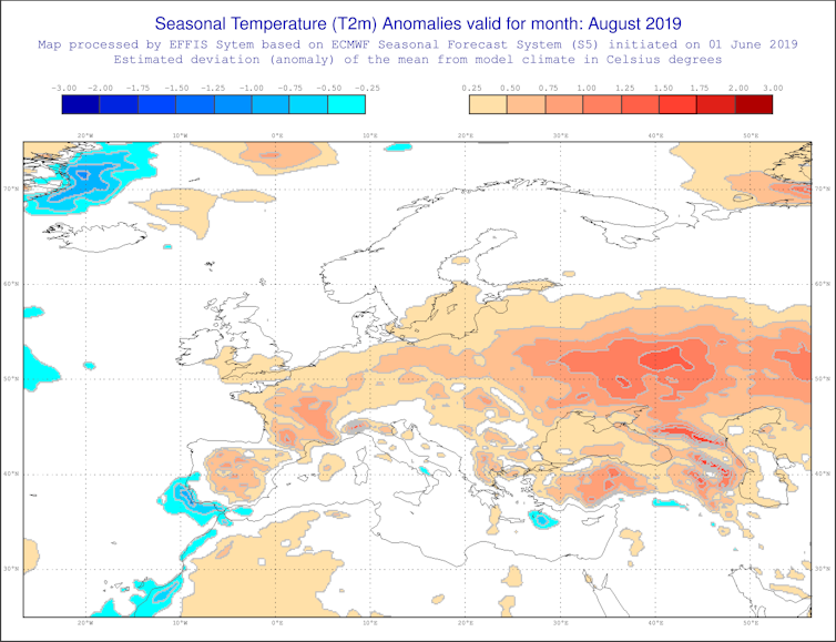 Anomalías estacionales de la temperatura previstas para agosto. EFFIS