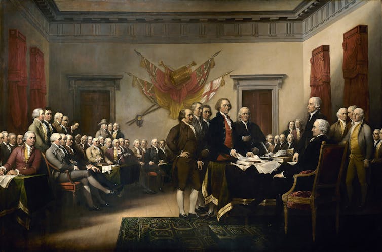 The Committee of Five presenting the Declaration of Independence to Congress in 1776. Painting by John Trumbull (1756-1843).