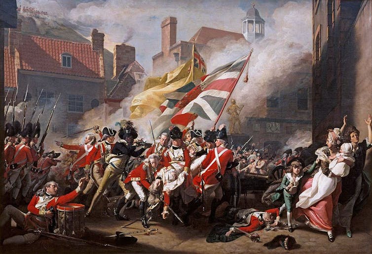 Black Loyalist fighting with British troops in the Battle of Jersey, 1781. Painting by John Singleton Copley.