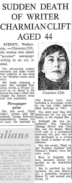 remembering the Australian writer Charmian Clift, 50 years on