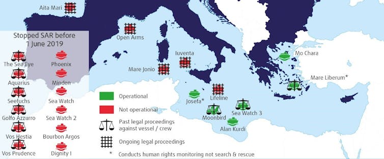 Mapa de ONG buques involucrados en las operaciones SAR en el mar Mediterráneo entre 2016 y el 1 de junio de 2019. The European Union Agency for Fundamental Rights (FRA), Author provided