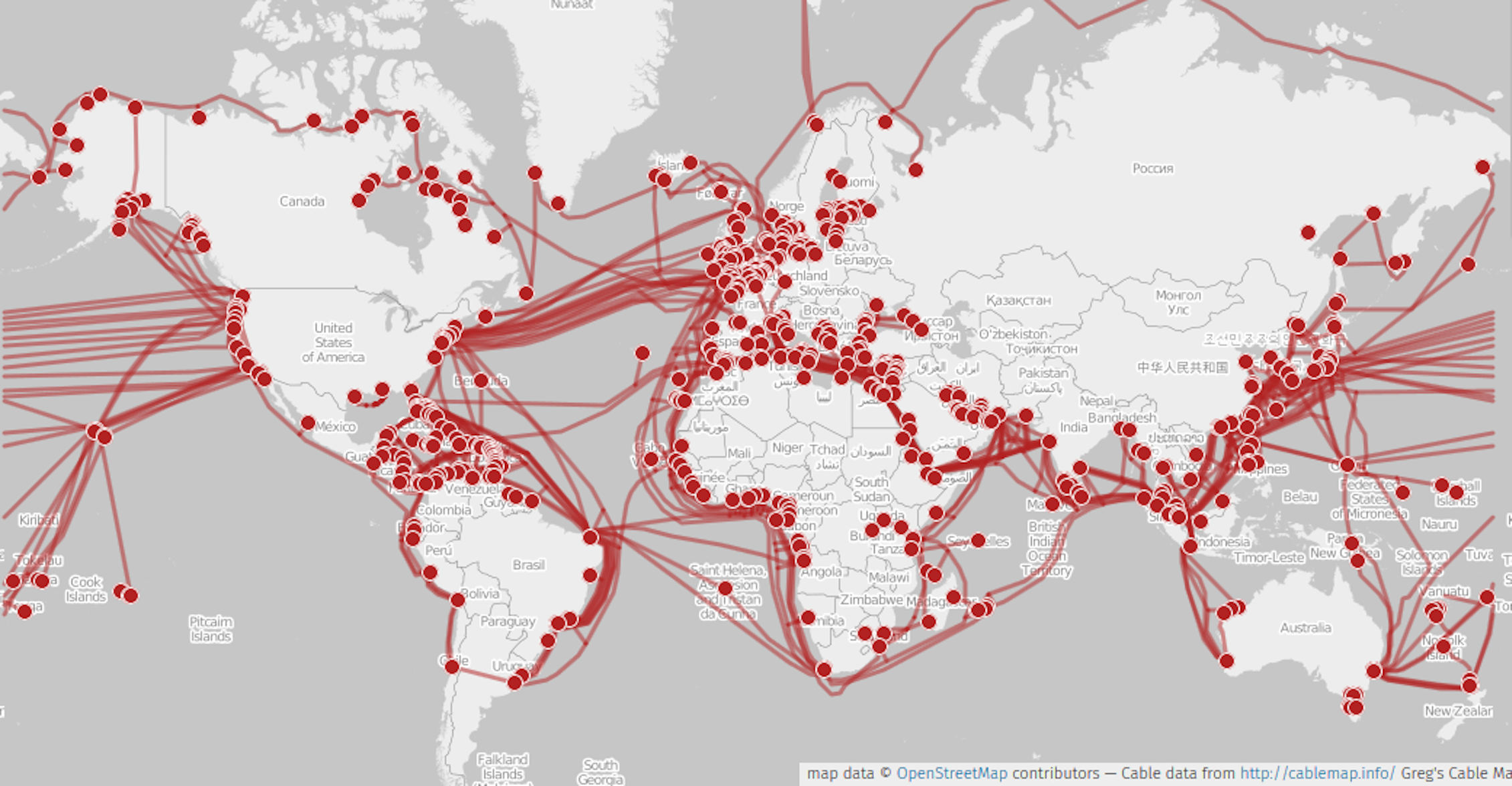 Карта оптоволоконных сетей мира