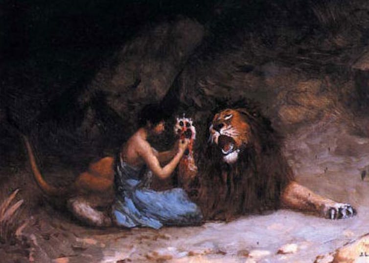 TALE. The lion remembers Androcles’ kindness and returns the favor down the road. Jean-Léon Gérôme/Wikimedia Commons